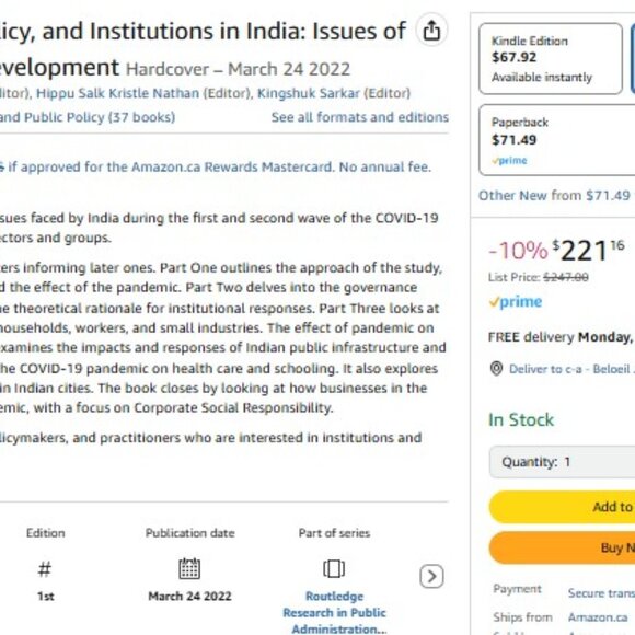 COVID-19 Pandemic Public Policy and Institutions in India ROUTLEDGE hardcover - Picture 2 of 2